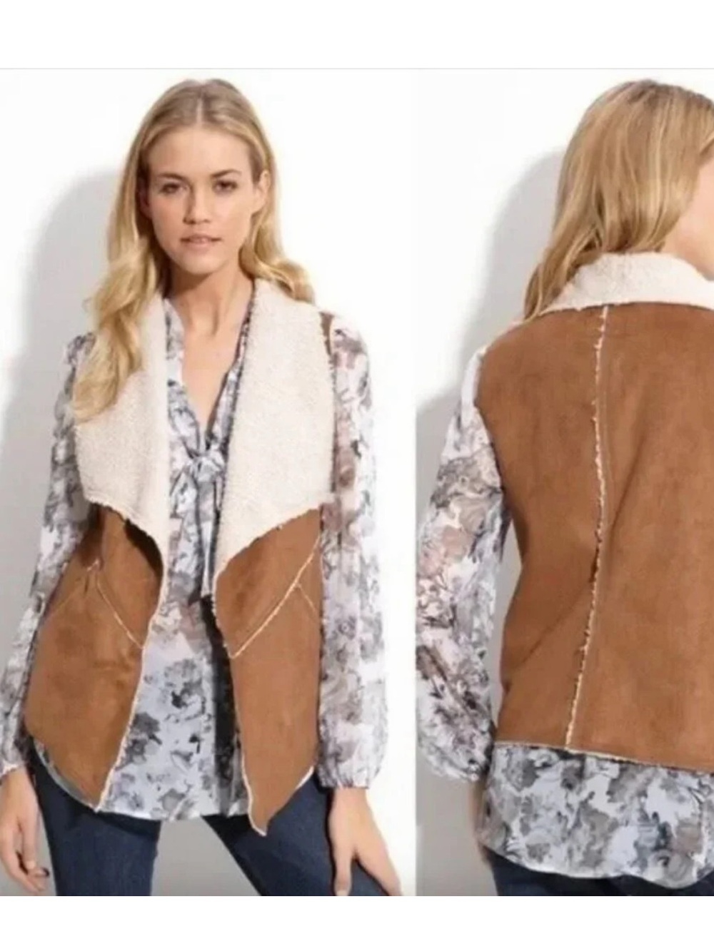 Sanctuary Brown Faux Suede Sherpa Vest with Cream Collar